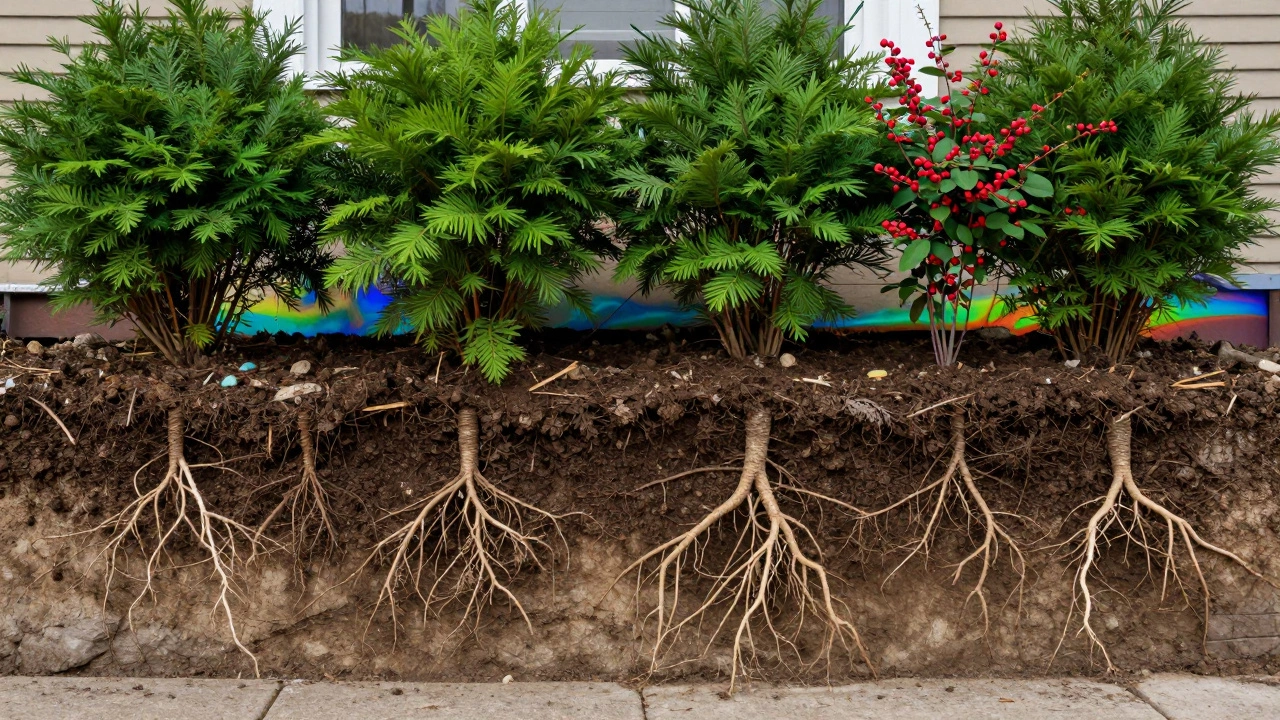 Разрез земли показывает горизонтальные корни кустов под домом, защищающие фундамент и снижающие теплопотери.