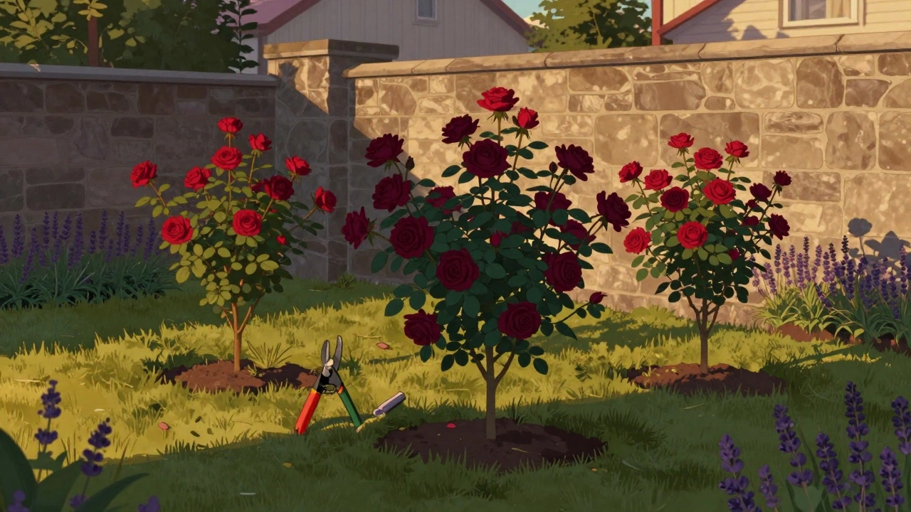 Розы чайно-гибридные в полном цвету на фоне каменной стены при закате.