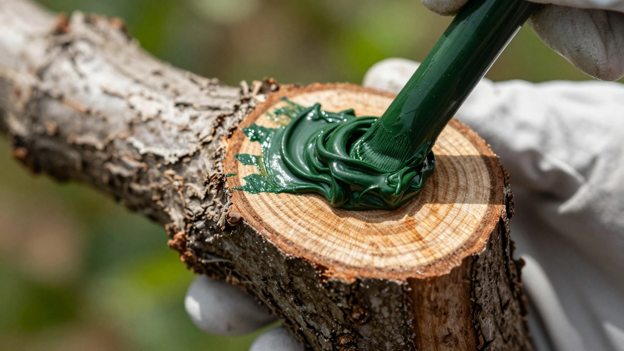 Ручная обработка раны садовым варом на стволе дерева