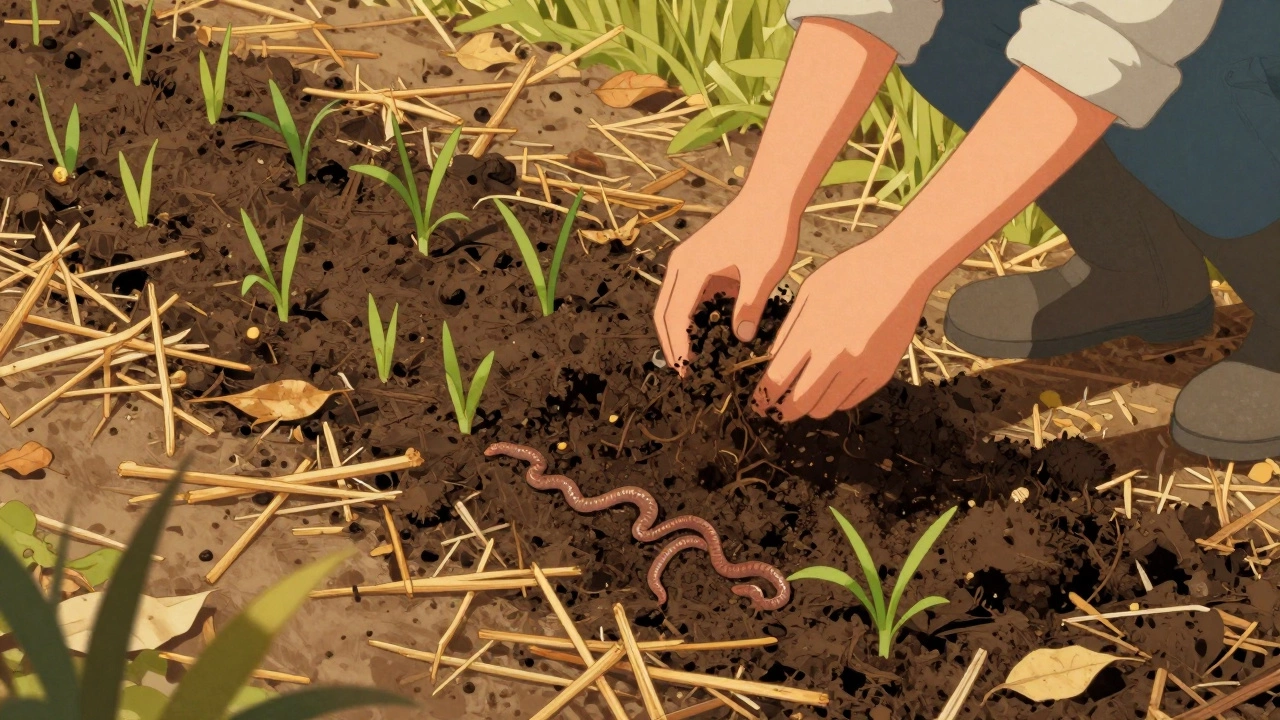 Садовник наносит компост на мульчированную землю, где растут зеленые удобрения.