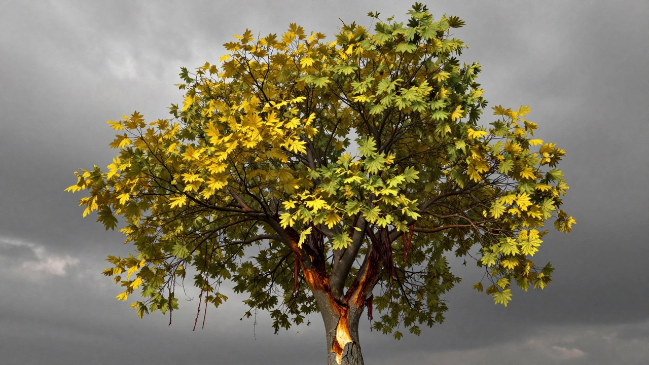 Симптомы стресса у дерева желтые листья и трещины коры