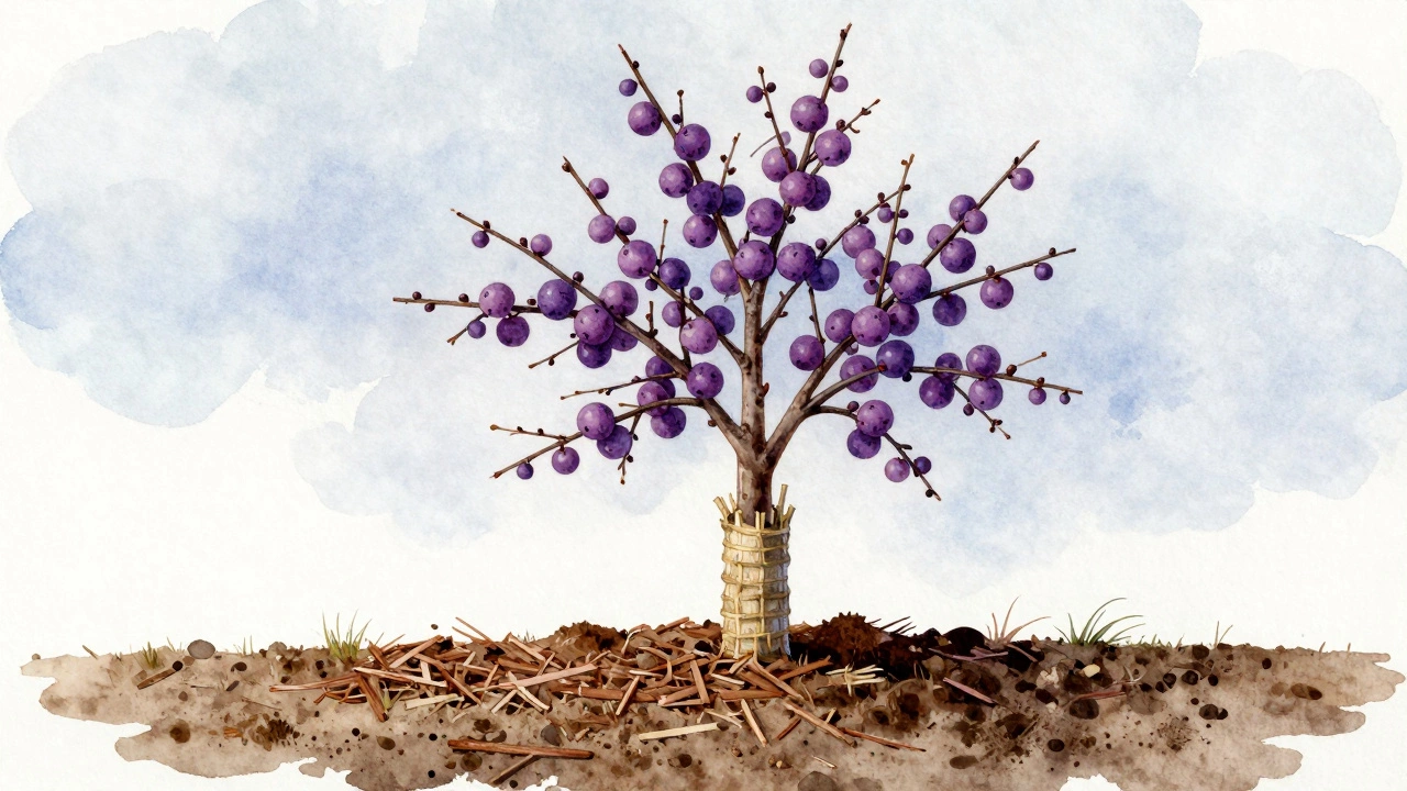 Слива на возвышенности с мульчей и укрытием на стволе, зимний пейзаж, фиолетовые плоды, спокойная атмосфера.