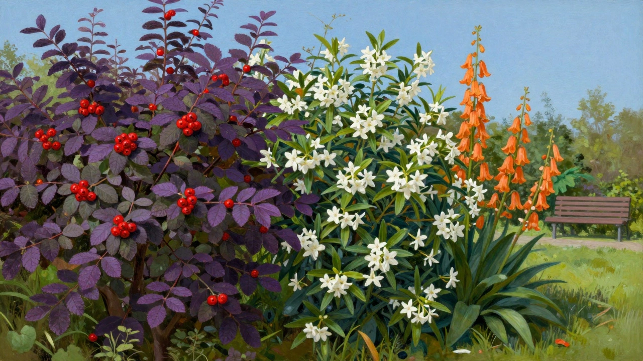 Смешанная посадка барбариса, чубушника и рябчика императорского в летнем саду.