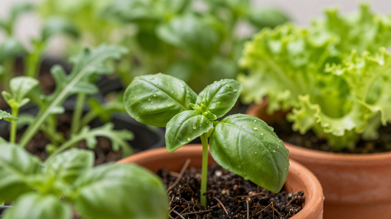 Свежая зелень базилика и салата в горшках крупным планом