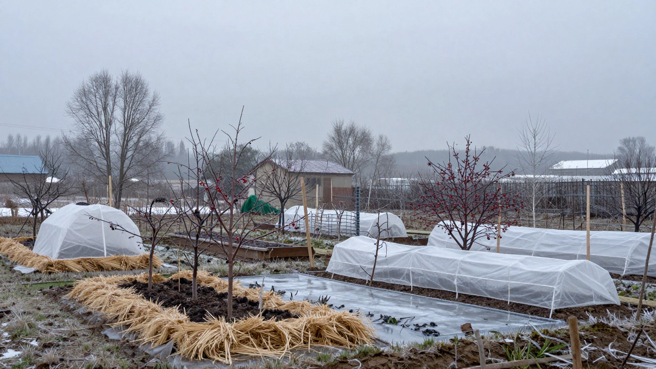 Защита сада от мороза агроволокном и мульчей