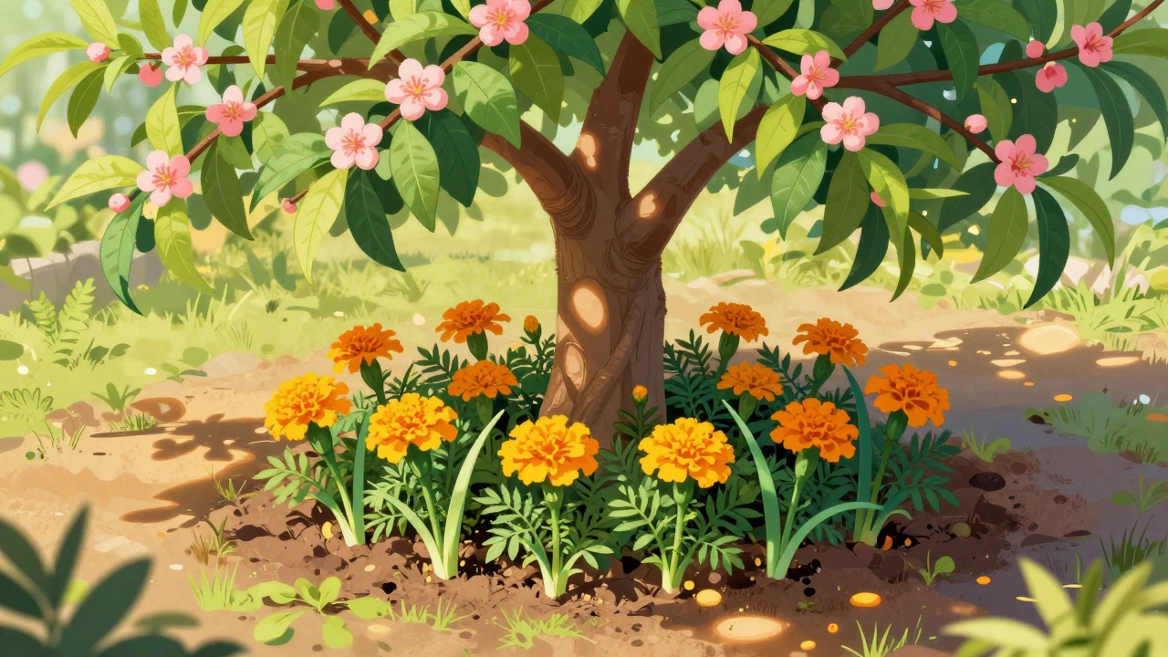 Здоровое персиковое дерево с чесноком и бархатцами у ствола.