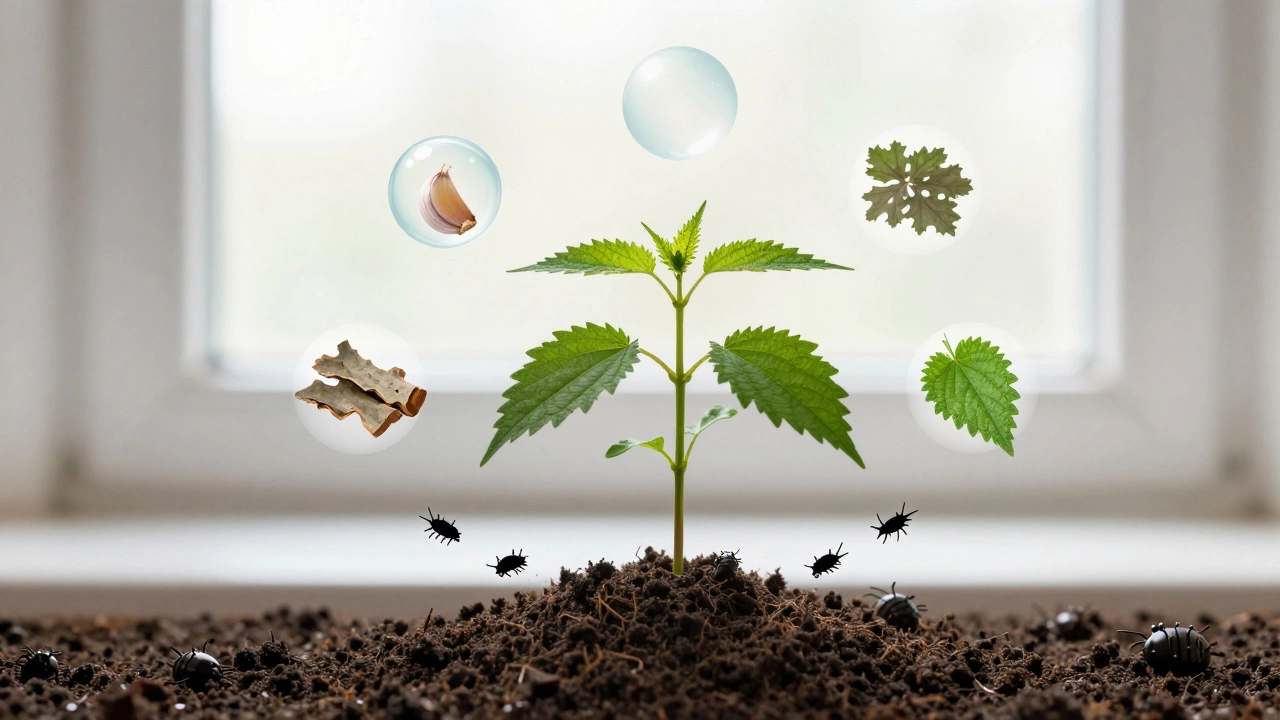 Здоровое растение с новыми листьями, вокруг него плавают символы натуральных средств, вредители убегают в землю.