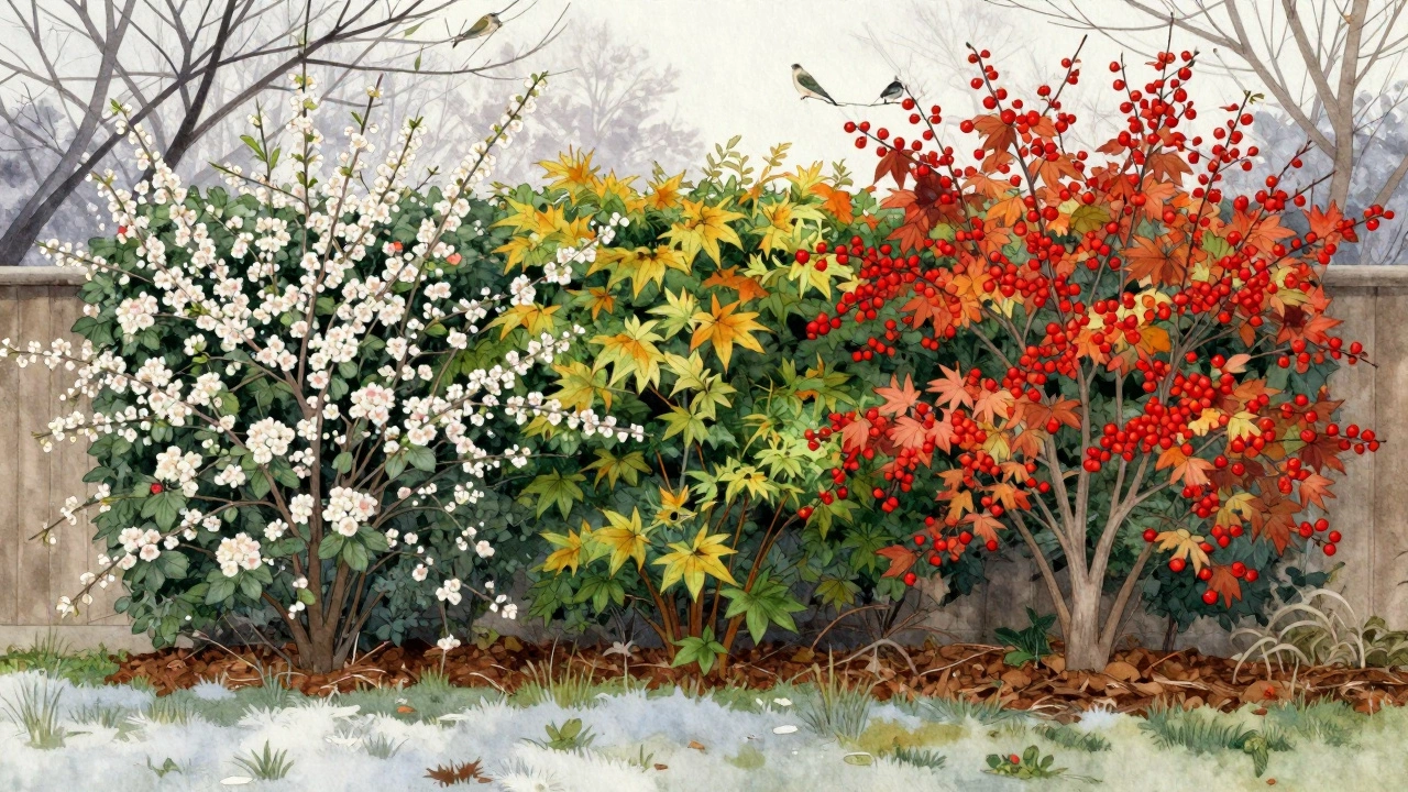 Живая изгородь из калины и кизильника меняет цвет с весны до зимы, украшая фасад дома и привлекая птиц.