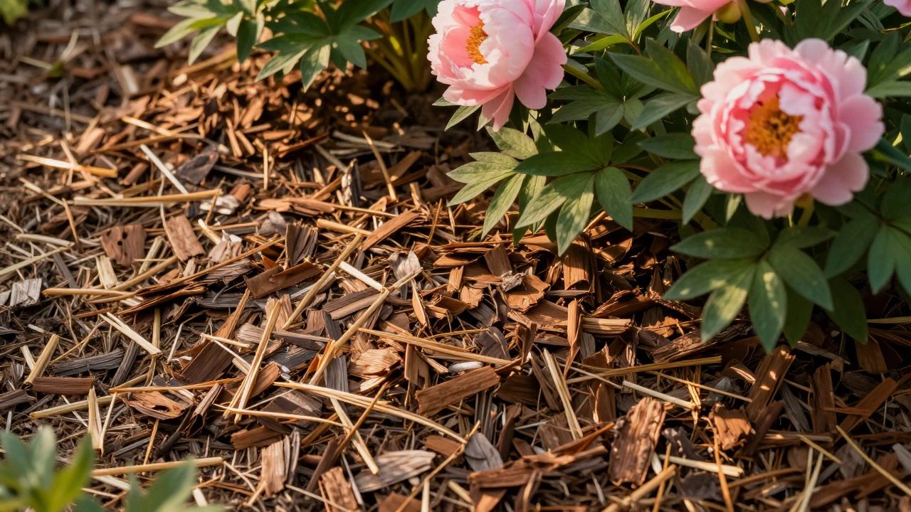Цветы пионы с толстым слоем органической мульчи из коры и соломы