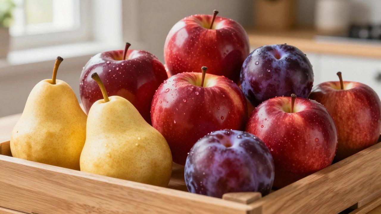 Корзина с полностью созревшими красными яблоками, желтыми грушами и сливами