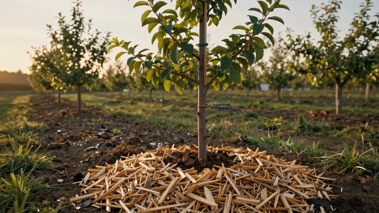 Молодое дерево в саду с аккуратной мульчей из коры у основания