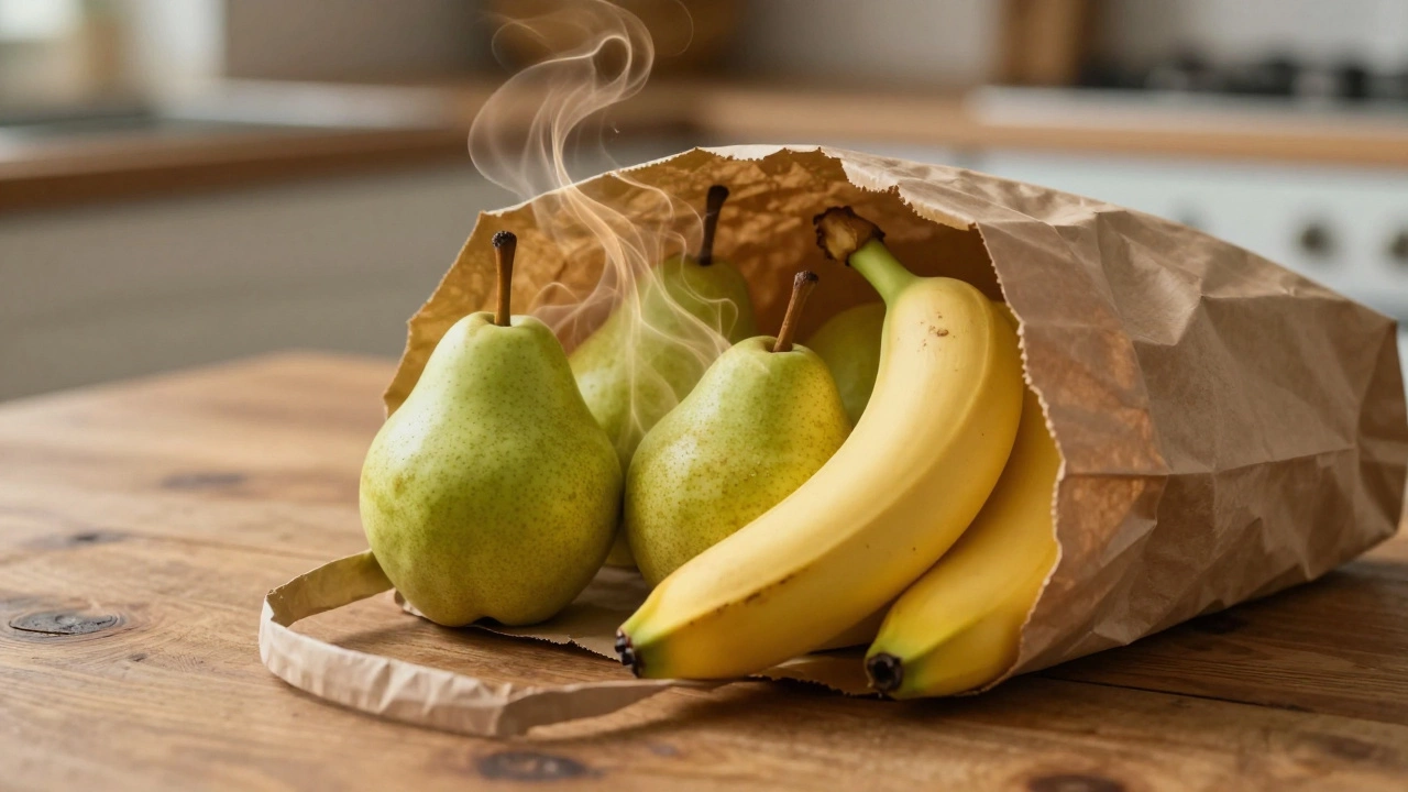Недозрелые груши и спелый банан в бумажном пакете для ускорения созревания