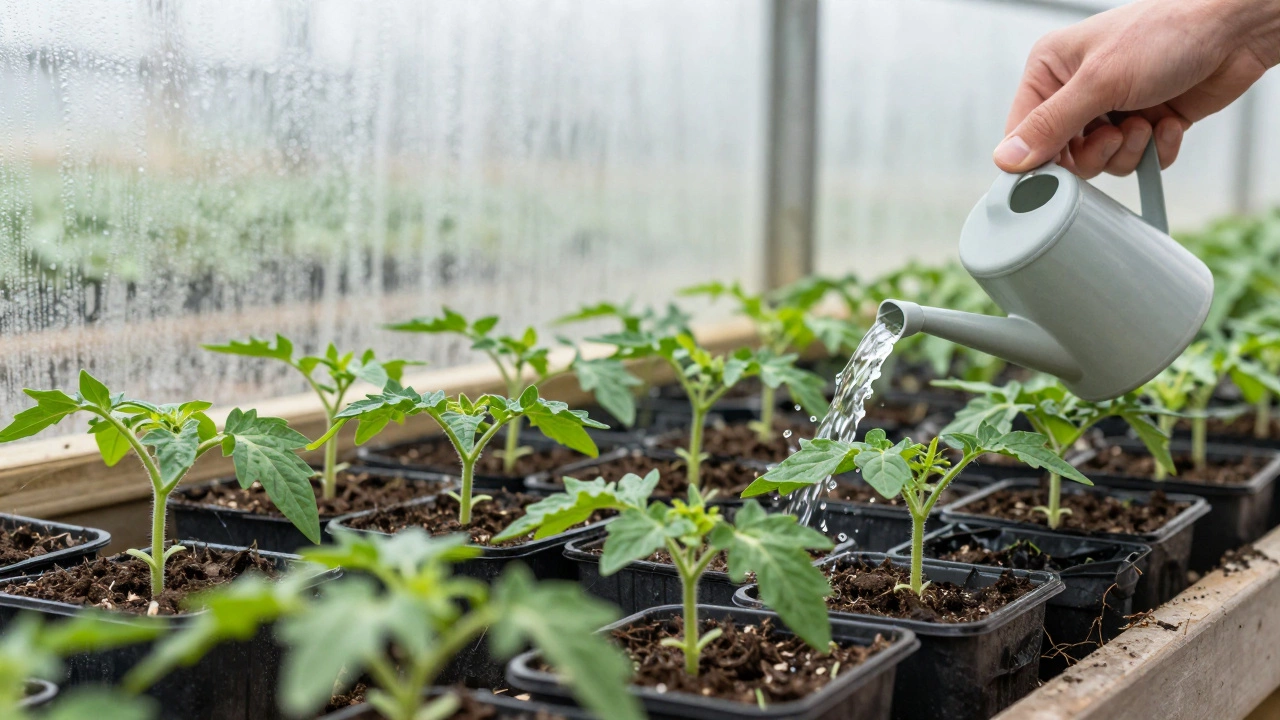 Полив рассады томатов и перцев жидкими удобрениями в светлой теплице