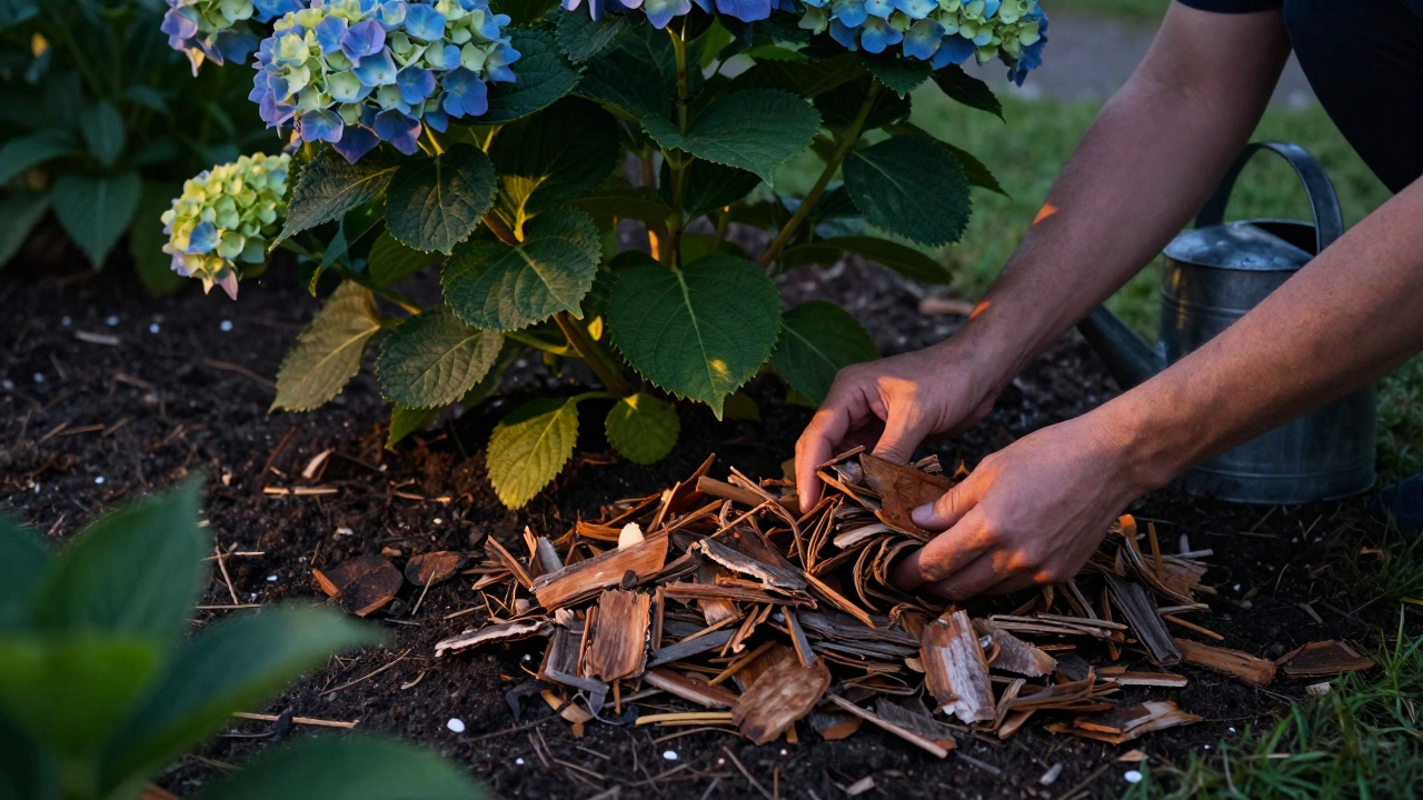 Процесс мульчирования почвы корой вокруг цветущей гортензии в вечернее время