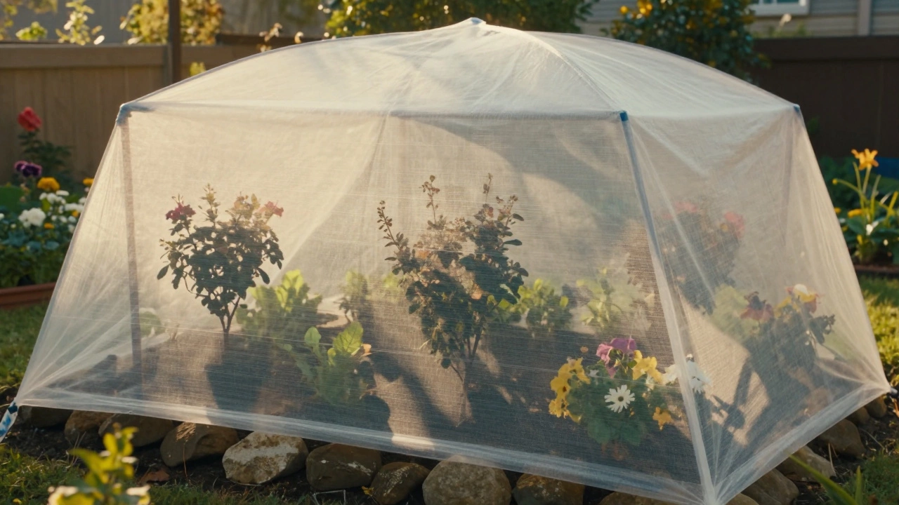 Растения в саду, укрытые белым агроволокном