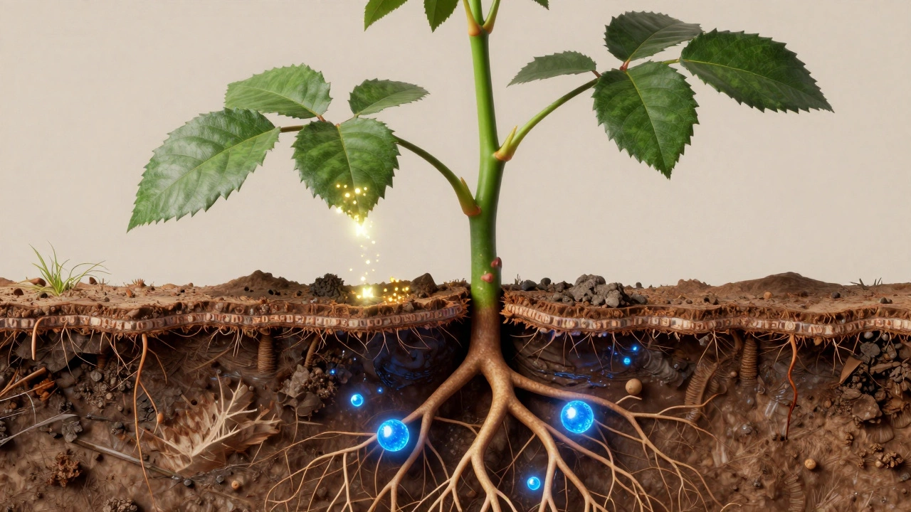 Схематичное изображение работы калия и фосфора в корневой системе и листьях розы