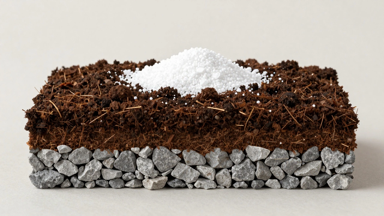 Схематичный разрез лунки с дренажем, органикой и минеральными удобрениями