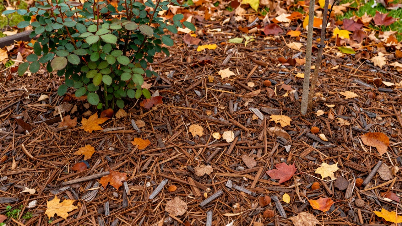 Слой органической мульчи из листьев и коры у корней растений