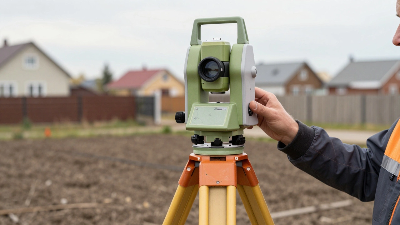 Геодезист использует тахеометр для топографической съемки загородного дома