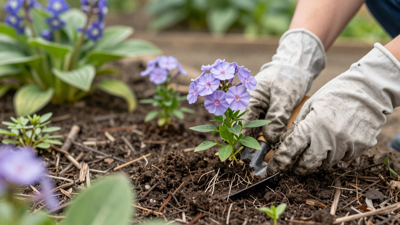 Hands carefully transplanting young flower seedlings from the garden
