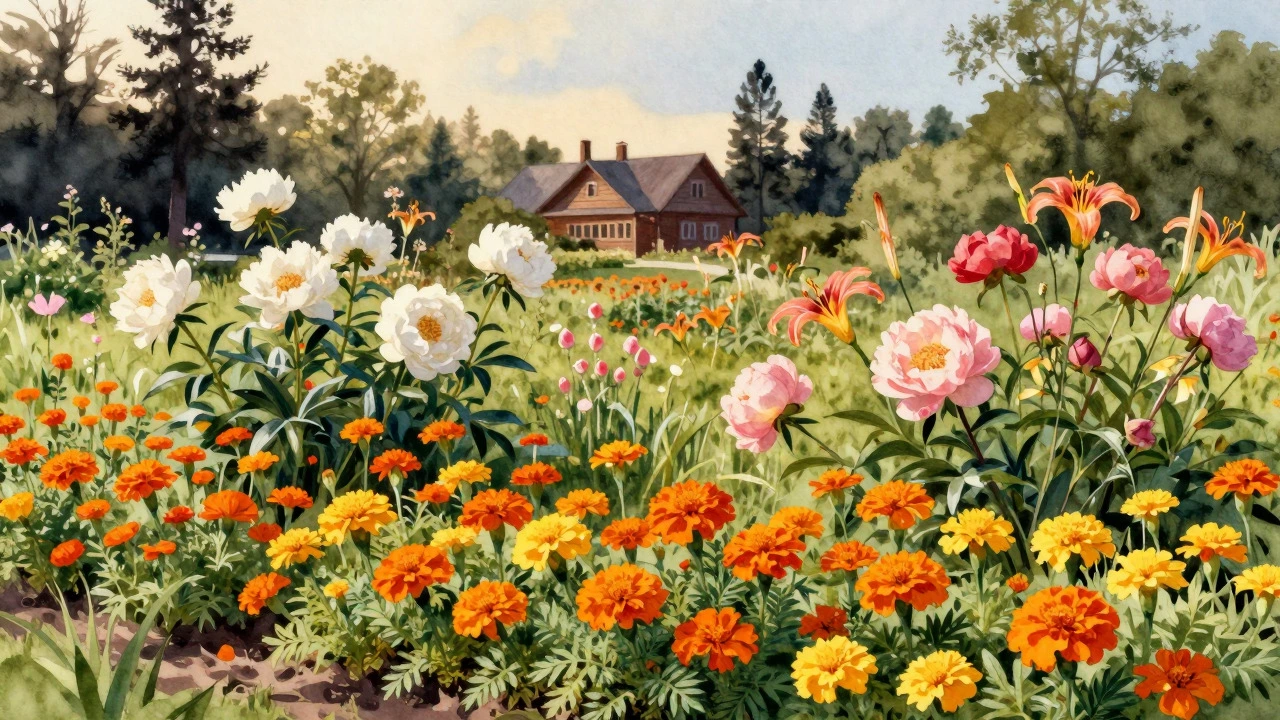 Wildflower garden with marigolds, peonies, and daylilies near a house
